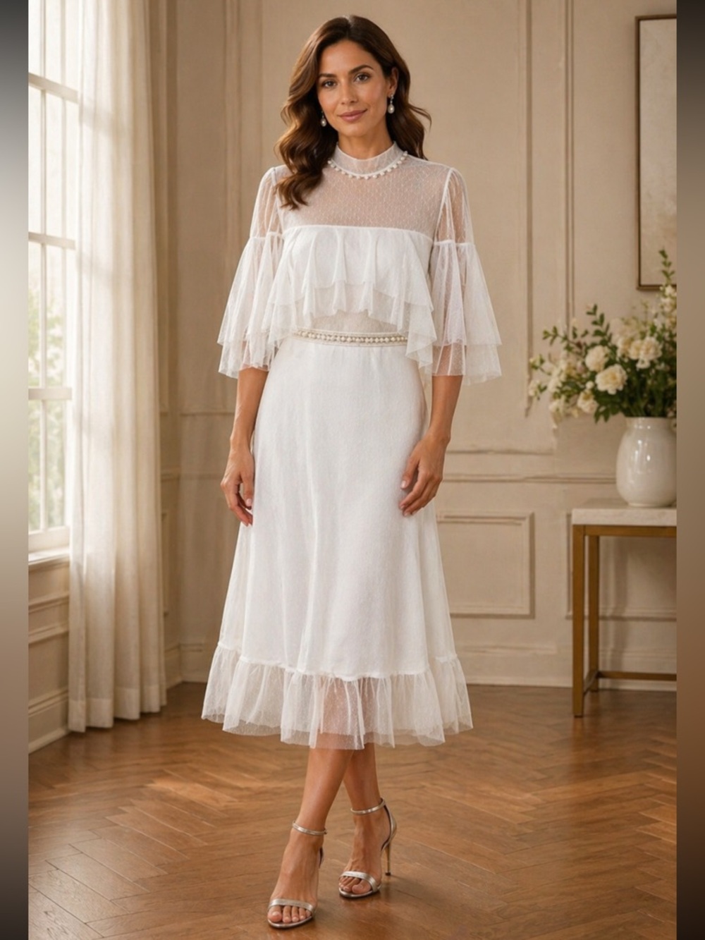 Aidan mattox white pearl tiered mesh midi dress